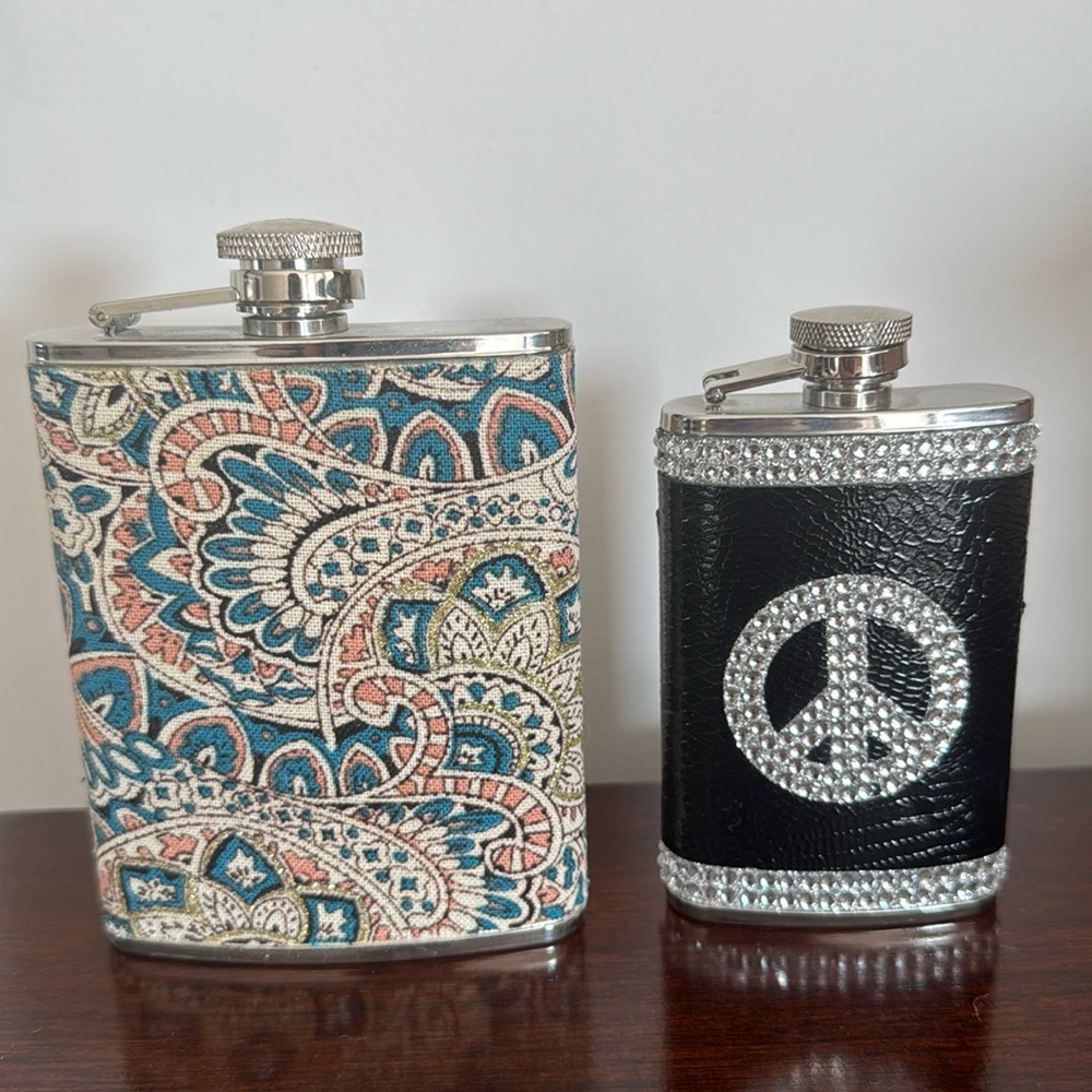 2 stainless steel flasks. Peace sign with rhinestones from ZGallerie.